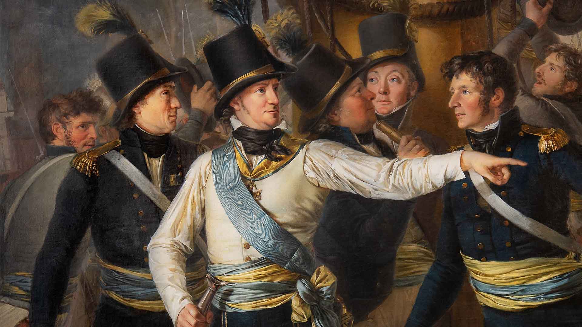 Målning föreställande svenska sjöofficerare under tidigt 1800-tal, i uniform med blå band och hattar.