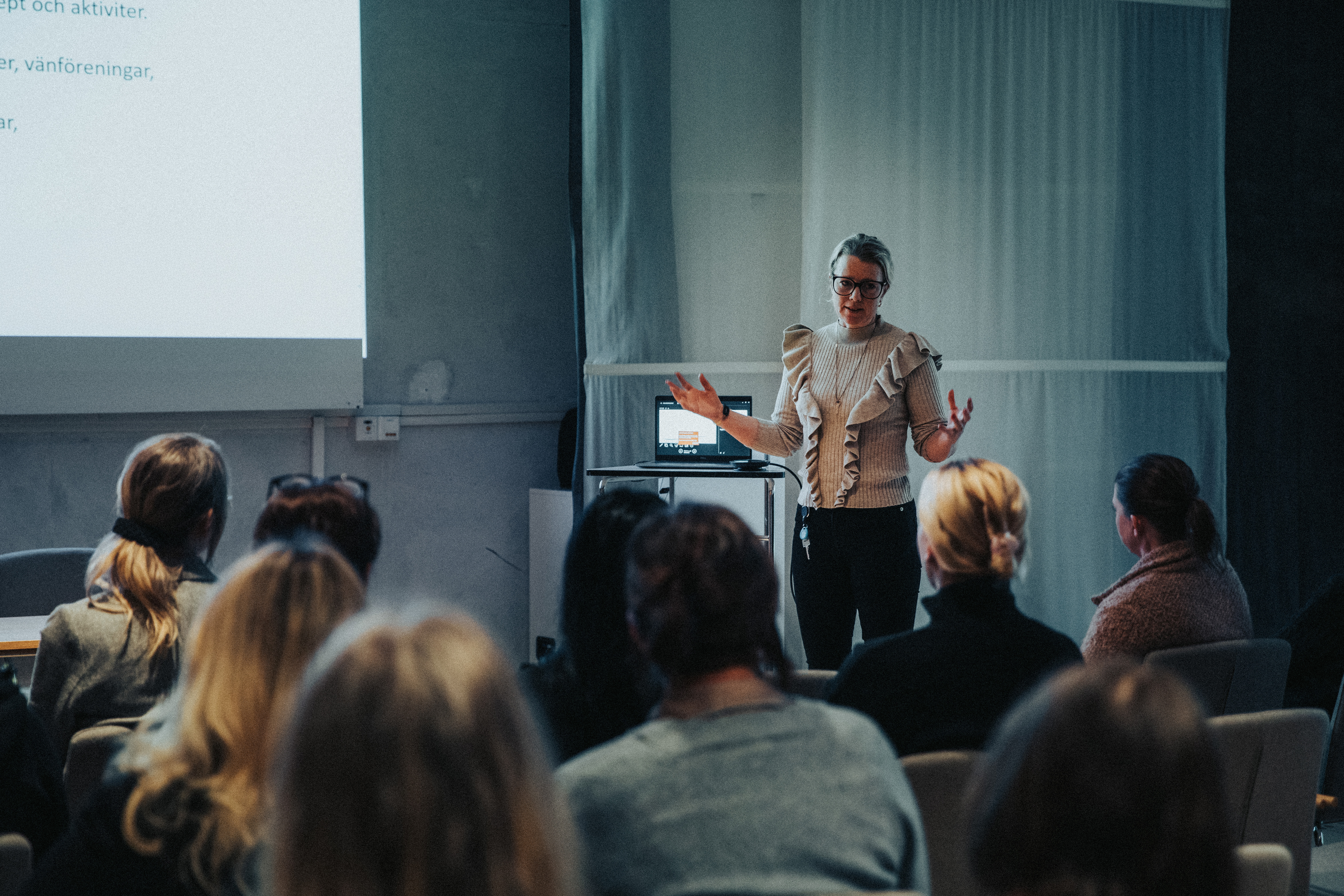 En person håller en presentation i en föreläsningssal på Marinmuseum inför en sittande publik, med en projektorduk och dator bakom sig.