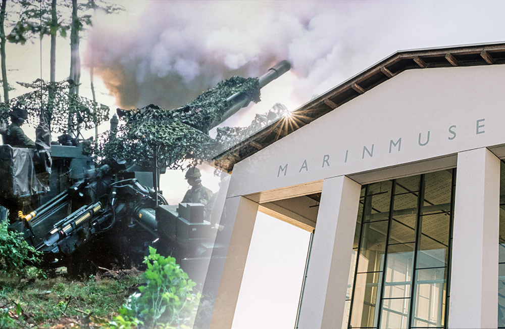 A montage showing the entrance of the Naval Museum in Karlskrona alongside an image of a tracked artillery vehicle firing a weapon in forest terrain.