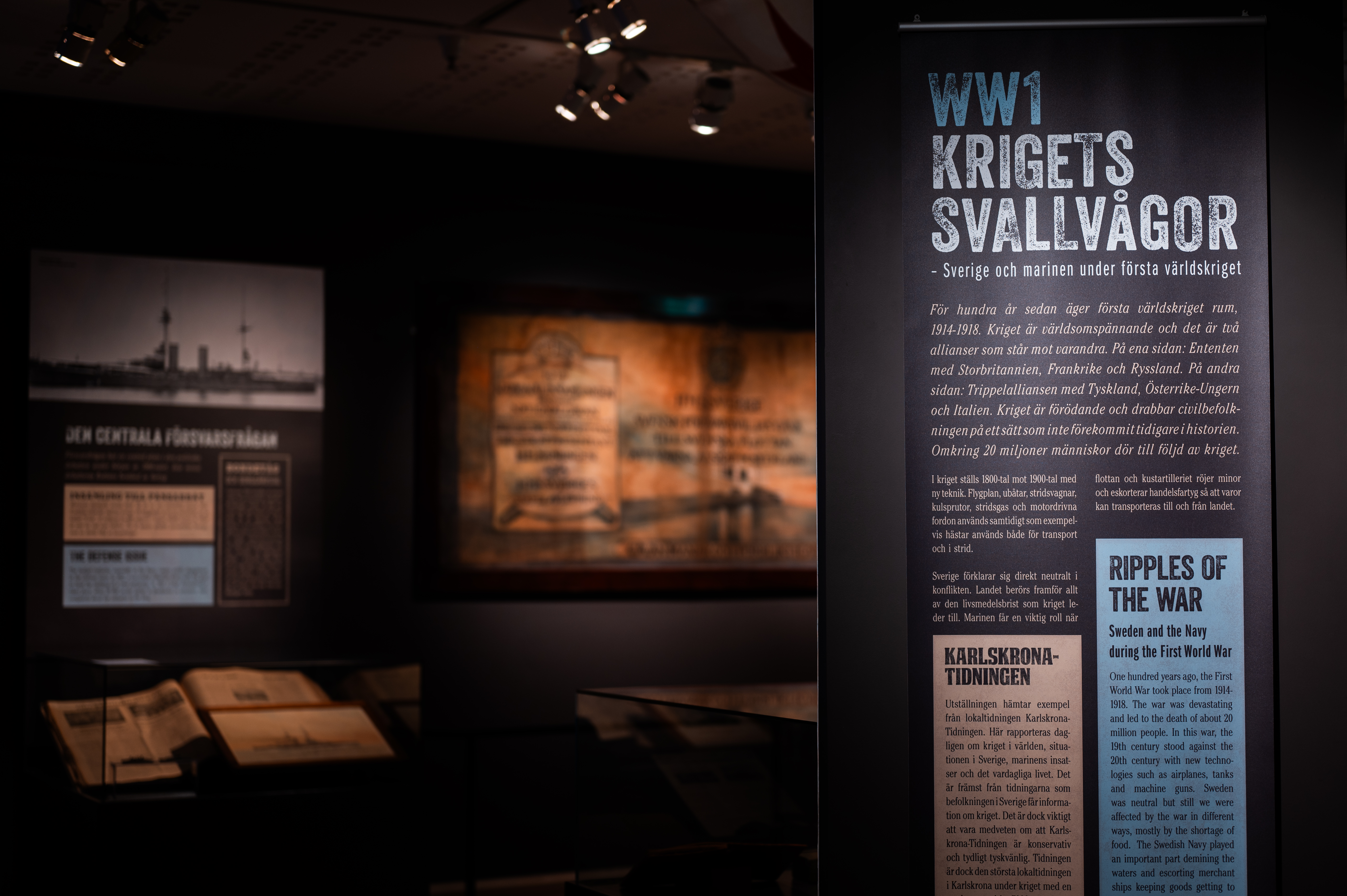 Exhibition room with texts on the walls.