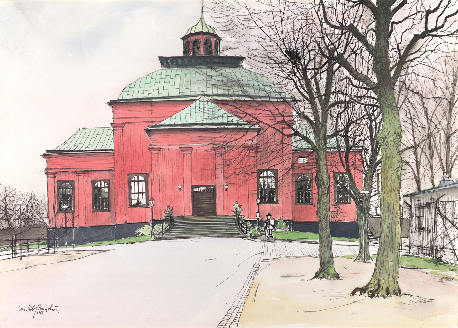 Akvarell av en röd byggnad med ljusgrönt tak. En trätrappa leder upp till huset och runt omkring syns träd som saknar löv.