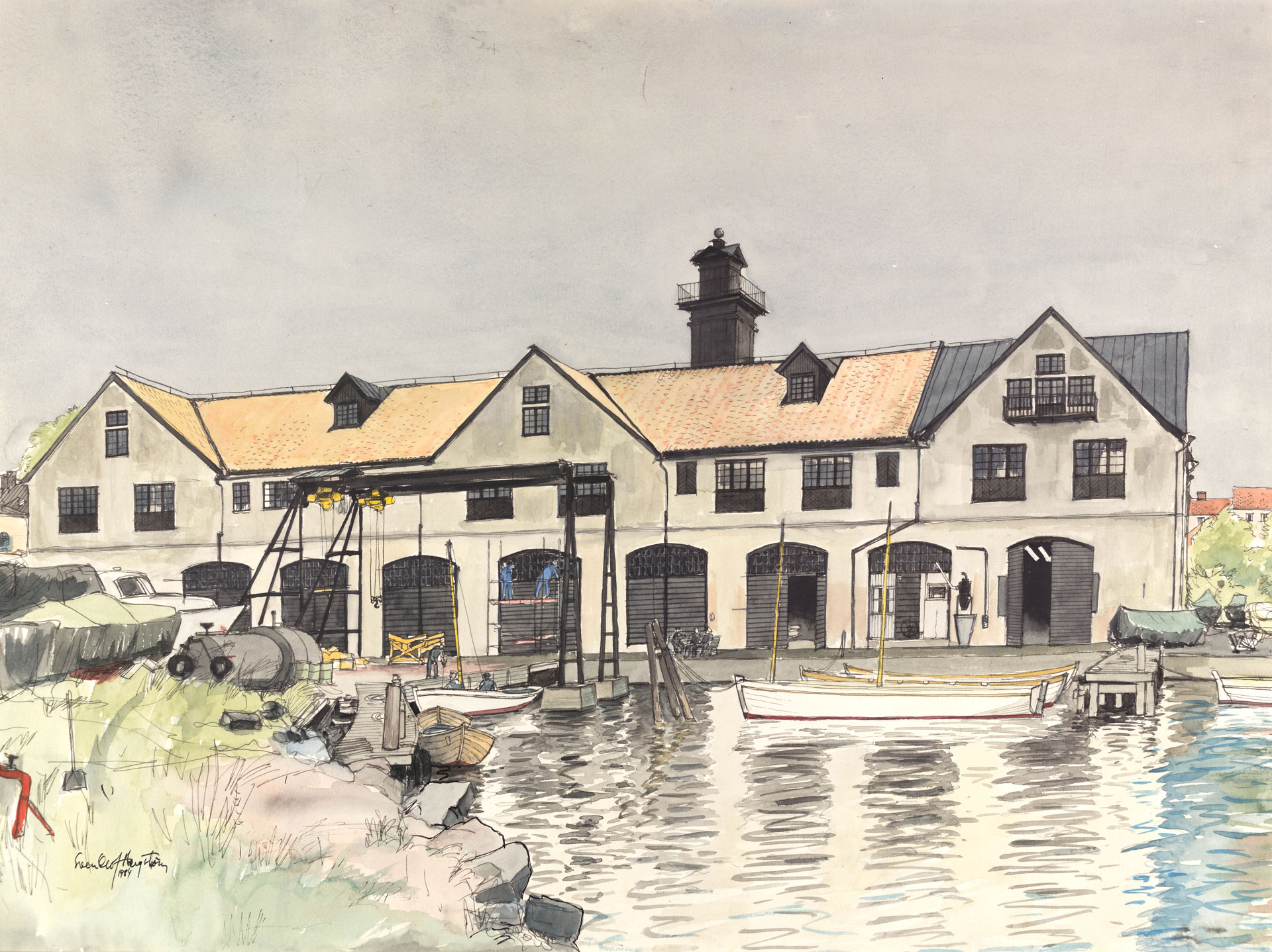 Akvarell av en hamn med vatten och en stor vit byggnad med detaljer i mörkt trä.