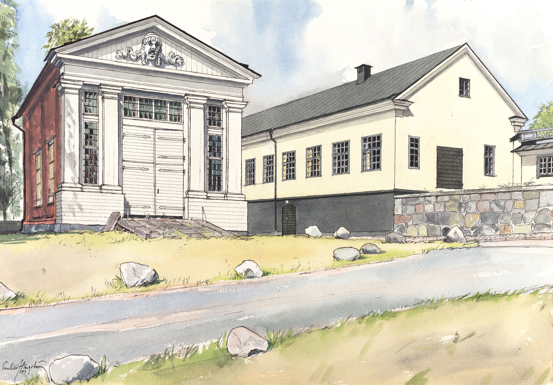 Akvarell av två historiska byggnader i grönskande miljö.