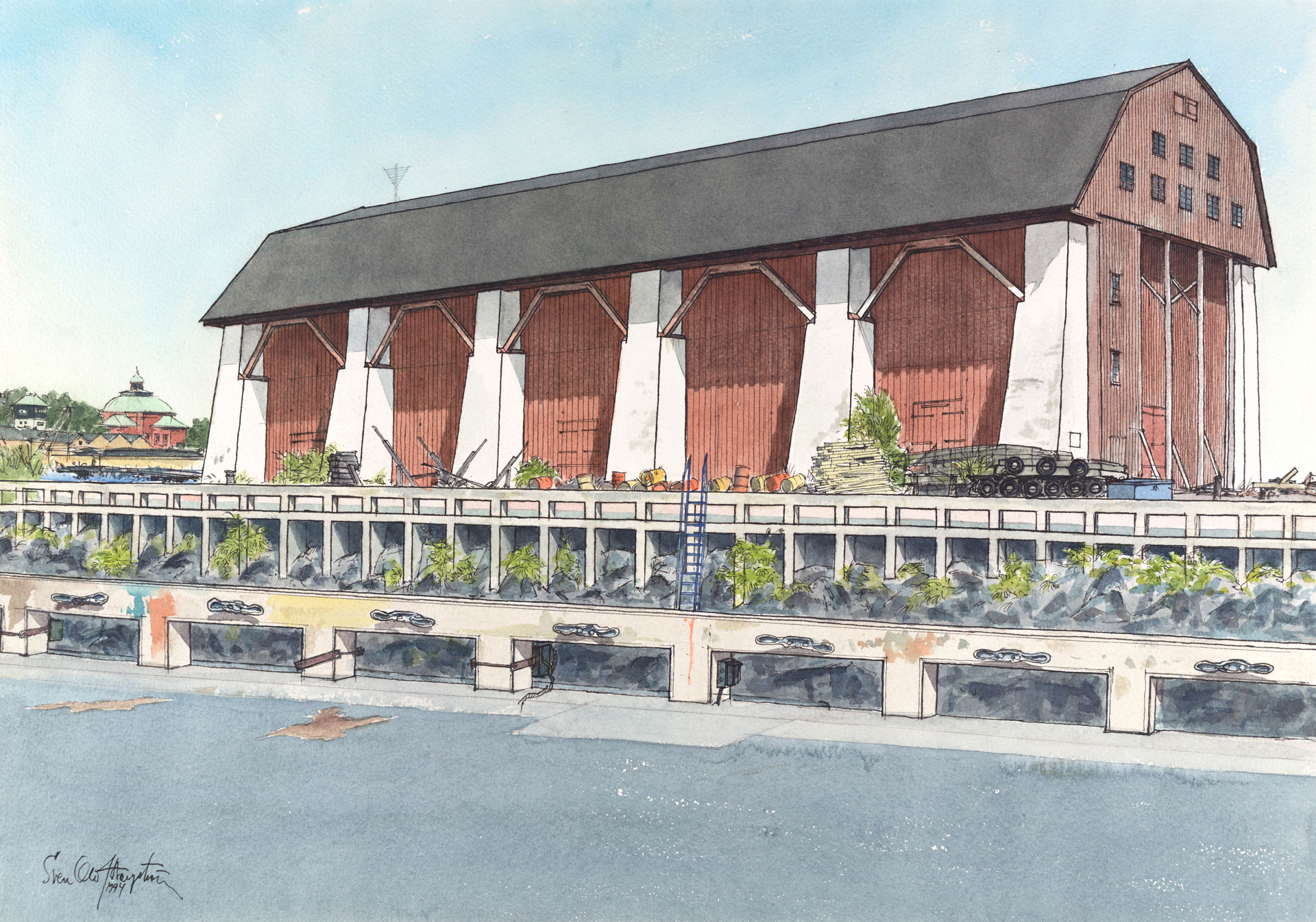 Watercolor of a large red wooden house in a maritime environment.