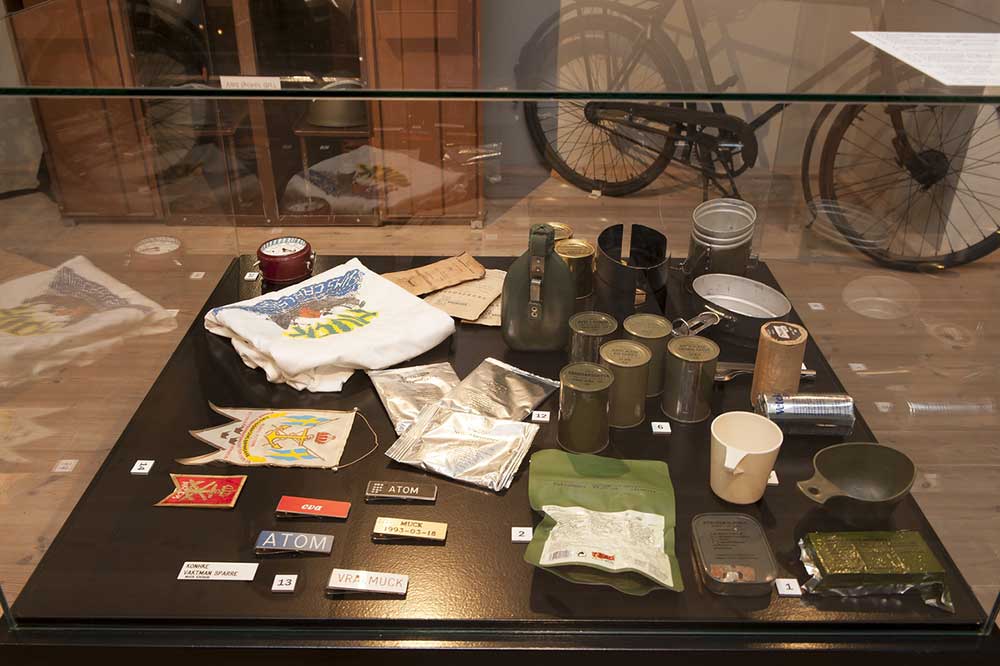 Historical objects are in a glass case.