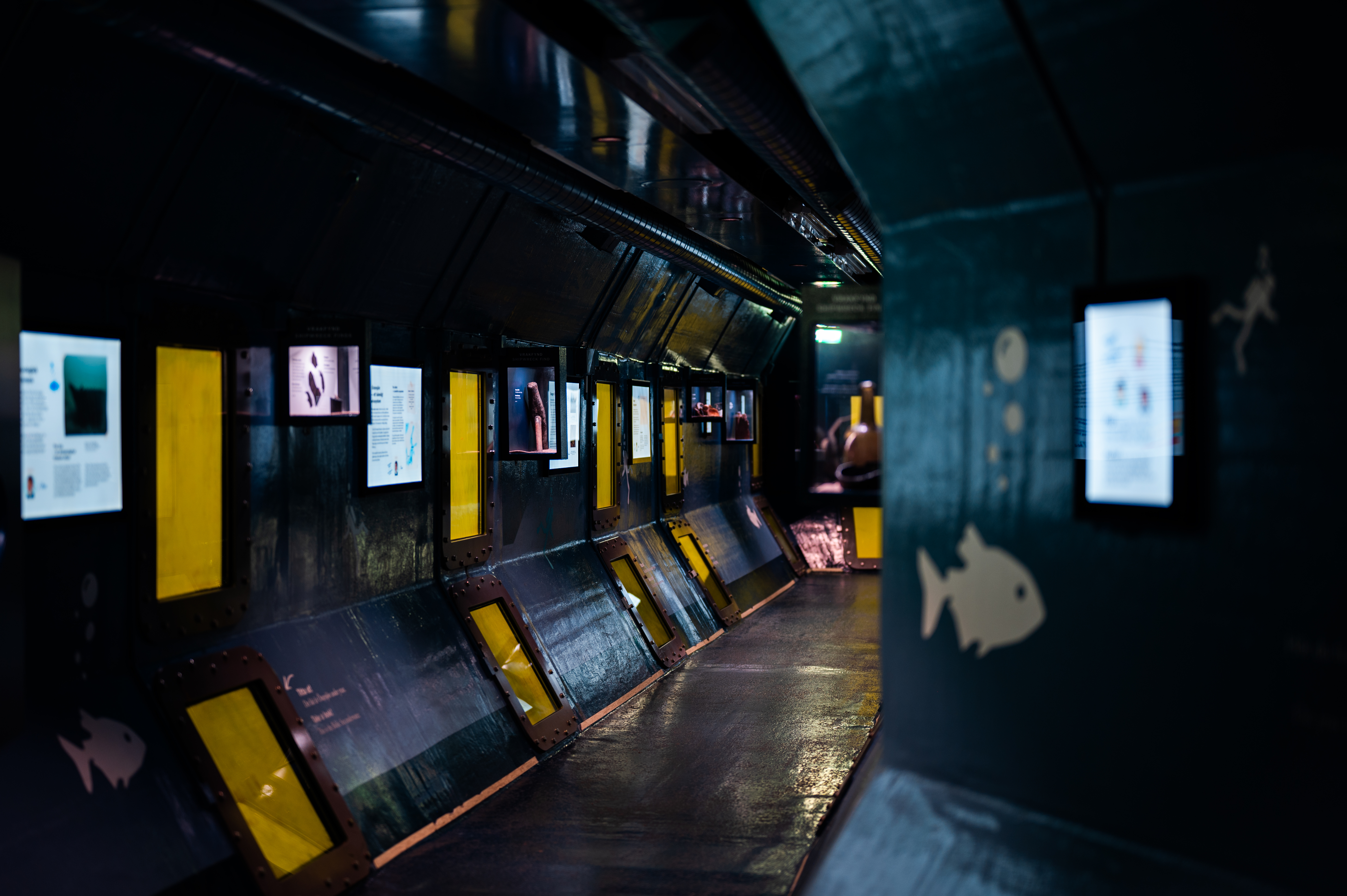 A dark steel tunnel with glass panes through which murky water can be seen. Next to the glass panes are explanatory texts.