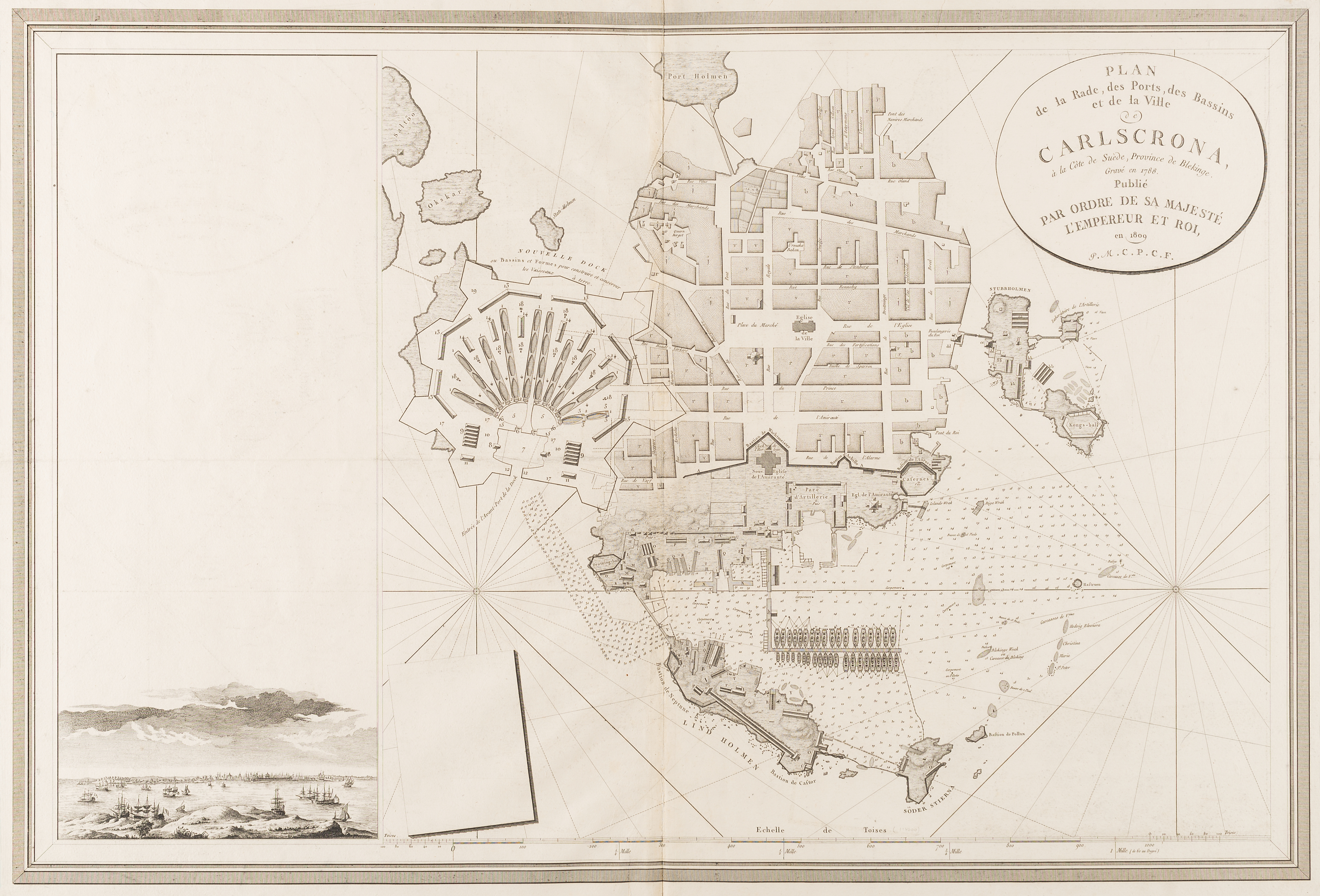 Svartvit stadskarta över Karlskrona från 1809